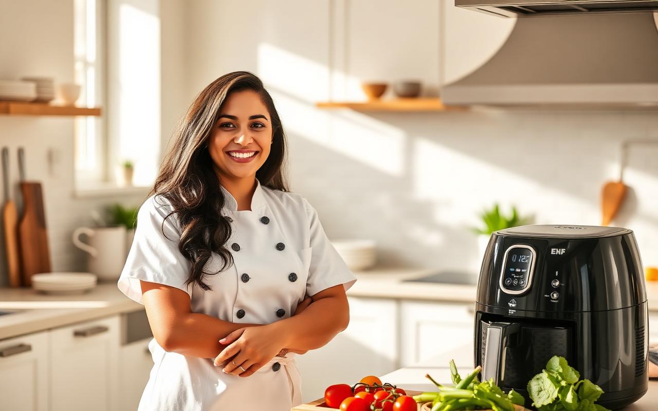 Daniela Álvarez, chef creadora del recetario, en su cocina junto a una freidora de aire